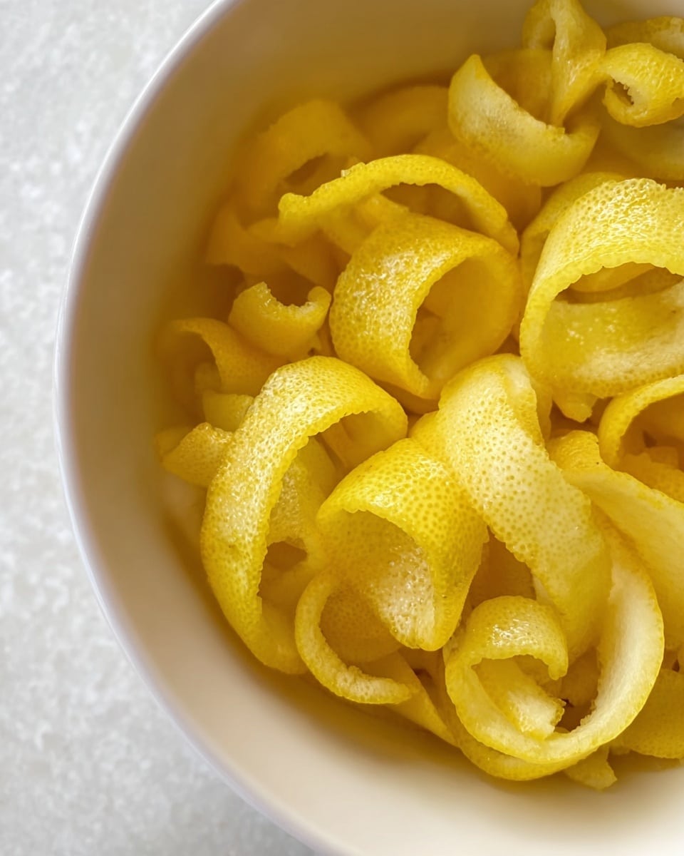 A close-up view of a white bowl filled with many curled, yellow lemon peels. The peels have a textured surface and are tightly coiled, showing varying shades of bright yellow. The bowl's inside is smooth and clean, highlighting the vivid color of the lemon peels against the white. The background shows a white marbled surface that adds a soft, elegant touch to the image. photo taken with an iphone --ar 4:5 --v 7
