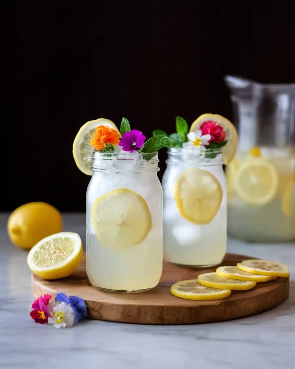 Two clear glass jars filled with pale yellow lemonade and ice cubes sit on a round wooden board. Each jar has two thin lemon slices, one inside and one on the rim. The jar in front is decorated with green mint leaves and small colorful flowers in pink, white, and red. The jar behind has similar lemon slices with orange, purple, and pink flowers on top. To the left of the jars is a half lemon and a whole lemon, and to the right on the wooden surface are several lemon slices in a row. In the blurry background, there is a clear glass pitcher with lemonade and a lemon slice inside. The surface is white marble, and the scene is set against a plain black backdrop. photo taken with an iphone --ar 4:5 --v 7