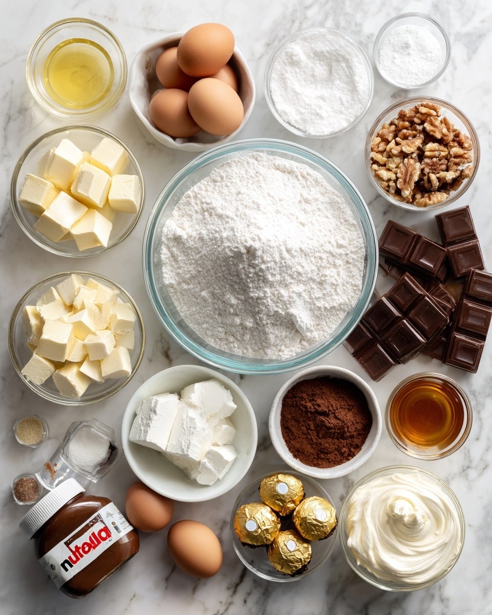 A top-down view shows various clear glass and white bowls arranged on a white marbled surface, each filled with different baking ingredients. There is a large bowl full of white powdered icing sugar in the center, surrounded by smaller bowls containing white flour, white sugar, light yellow butter cubes, light brown nuts, white sour cream, dark brown cocoa powder, and smooth light brown vanilla and golden syrup in tiny white bowls. To the right, a clear bowl holds chunks of milk and dark chocolate squares. Near the bottom, a jar of Nutella sits beside a small pack of Ferrero Rocher chocolates wrapped in gold, with four brown eggs placed in a clear glass container. A clear measuring cup of light yellow oil and a small bowl of white salt complete the set. The scene is brightly lit, showing soft shadows, with a woman's hand not visible but implied in the setup photo taken with an iphone --ar 4:5 --v 7