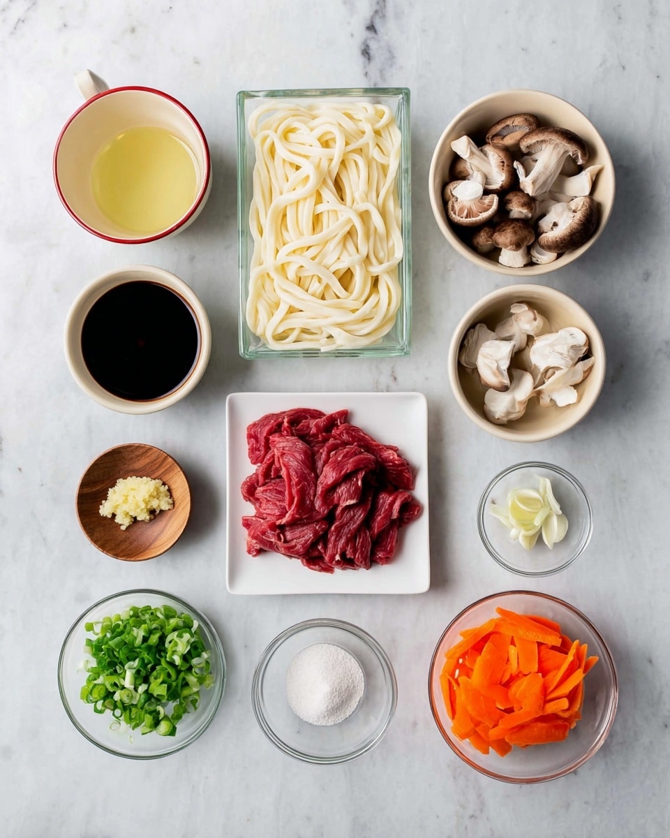 The image shows various cooking ingredients neatly arranged on a white marbled surface: at the top center, a clear rectangular container holds thick, pale yellow udon noodles. To the top left, a beige cup with a thin red rim contains a light yellow liquid, possibly oil, while just below it, a white bowl is filled with sliced brown mushrooms. In the top right area, a beige bowl contains a thick dark soy-like sauce. Centered below the noodles, a small white square plate is filled with thin, red strips of raw beef. On the left middle side, a small white round plate holds chopped green onions in two sizes. Below this plate, a small wooden bowl contains minced ginger, next to a smaller bowl with white powder, likely cornstarch, and a tiny bowl of salt. On the right bottom side, a clear round bowl contains thinly sliced orange carrot strips, while nearby, a small white ceramic dish holds minced garlic. The colors of the ingredients range from bright orange, red, green, and white, creating a visually fresh and organized presentation. Photo taken with an iphone --ar 4:5 --v 7