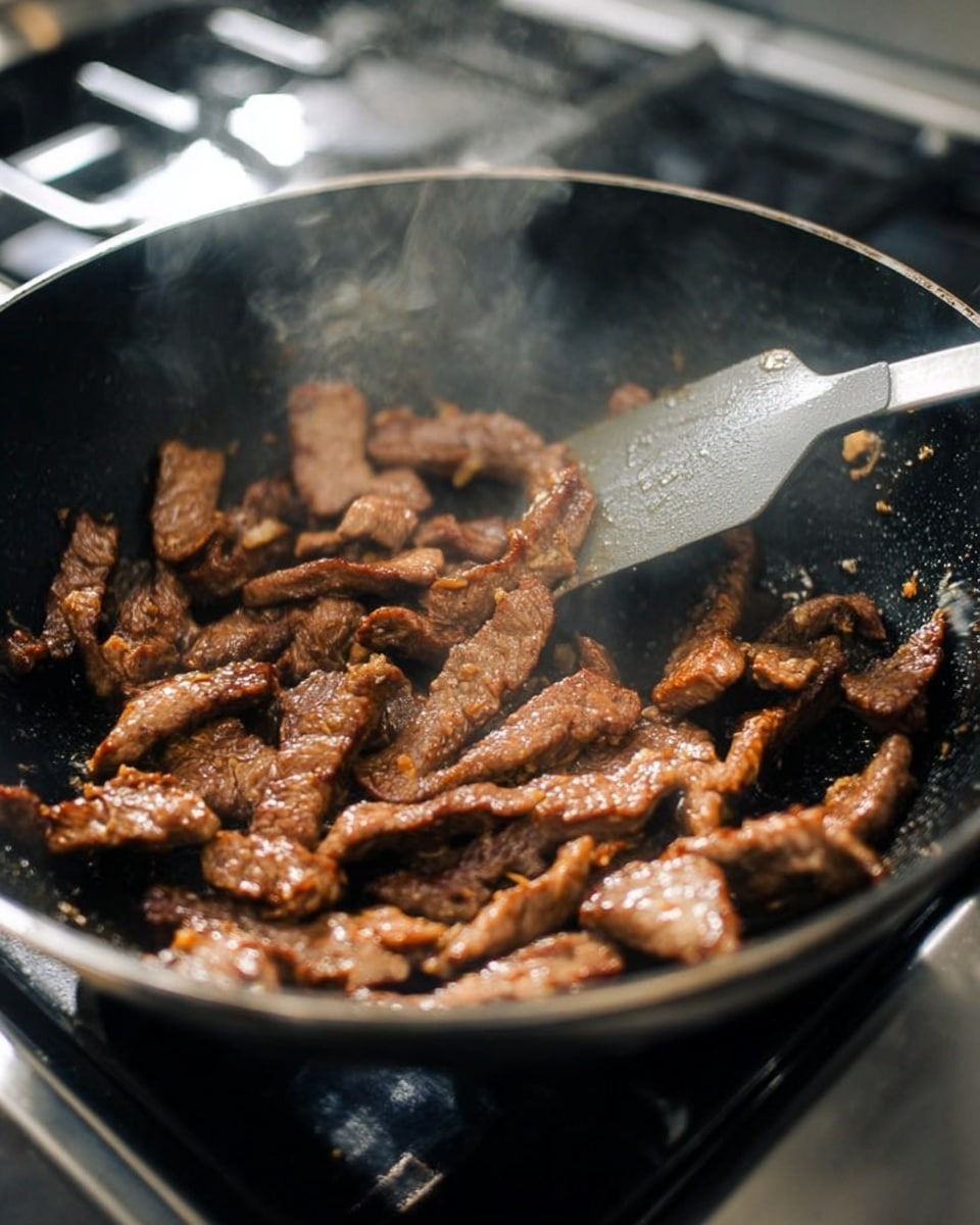 In the image, there is a black wok filled with cooked strips of brown meat that are sizzling and slightly shiny from oil or sauce. The meat pieces are thin and long, scattered evenly in the wok, showing different shades of brown with some parts darker from searing. There is a grey spatula lifting some of the meat from the right side. The wok sits on a gas stove with part of the stove's metal surface visible below, and there is light steam rising above the cooking meat. The scene has a close-up and slightly angled view. Photo taken with an iphone --ar 4:5 --v 7