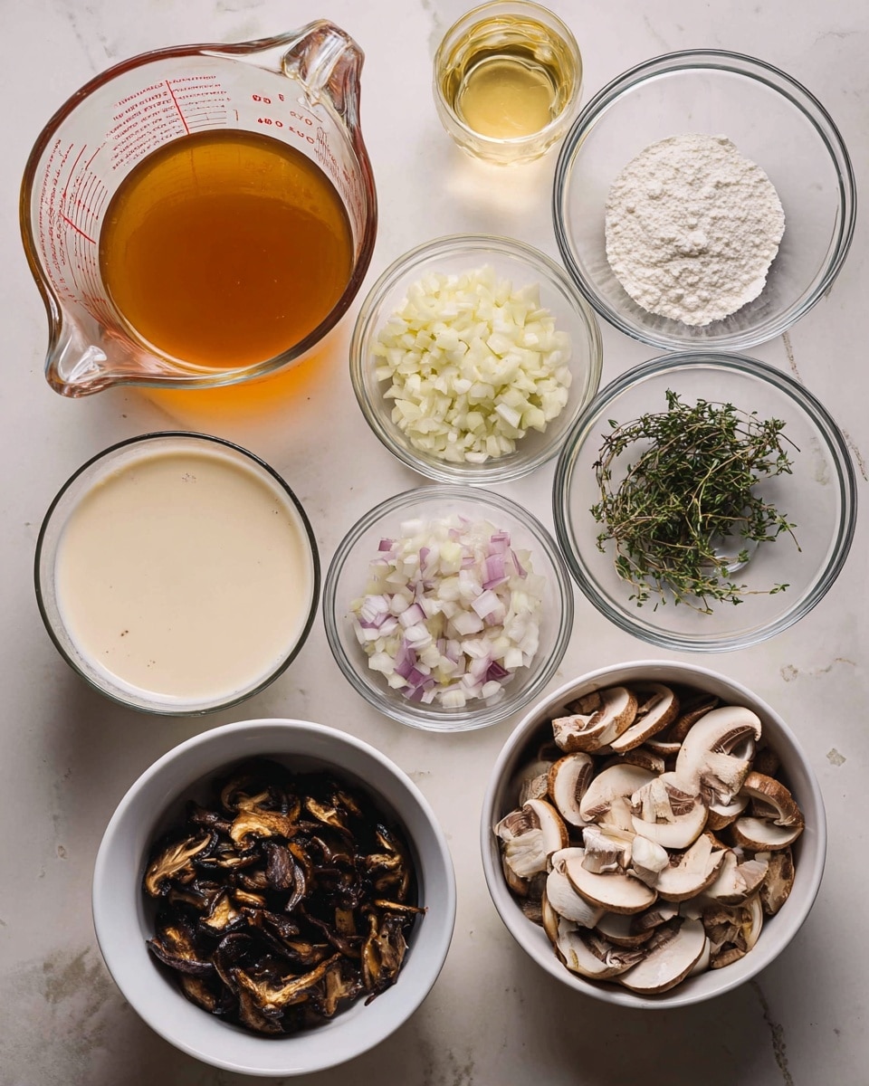 The image shows a top view of cooking ingredients placed on a white marbled surface. In the center right, there is a white bowl filled with sliced brown mushrooms. Around it are smaller clear glass bowls holding finely chopped shallots (light purple and white), chopped garlic (pale yellow), fresh green thyme, and white flour. A large glass measuring jug contains a light amber broth, while another glass jug holds a smooth, thick white cream. At the bottom left, a white bowl contains dark brown dried mushrooms soaking in water. A small glass holds a pale yellow liquid, possibly wine or broth. The setup is neatly arranged and well-lit, capturing details and textures clearly. photo taken with an iphone --ar 4:5 --v 7
