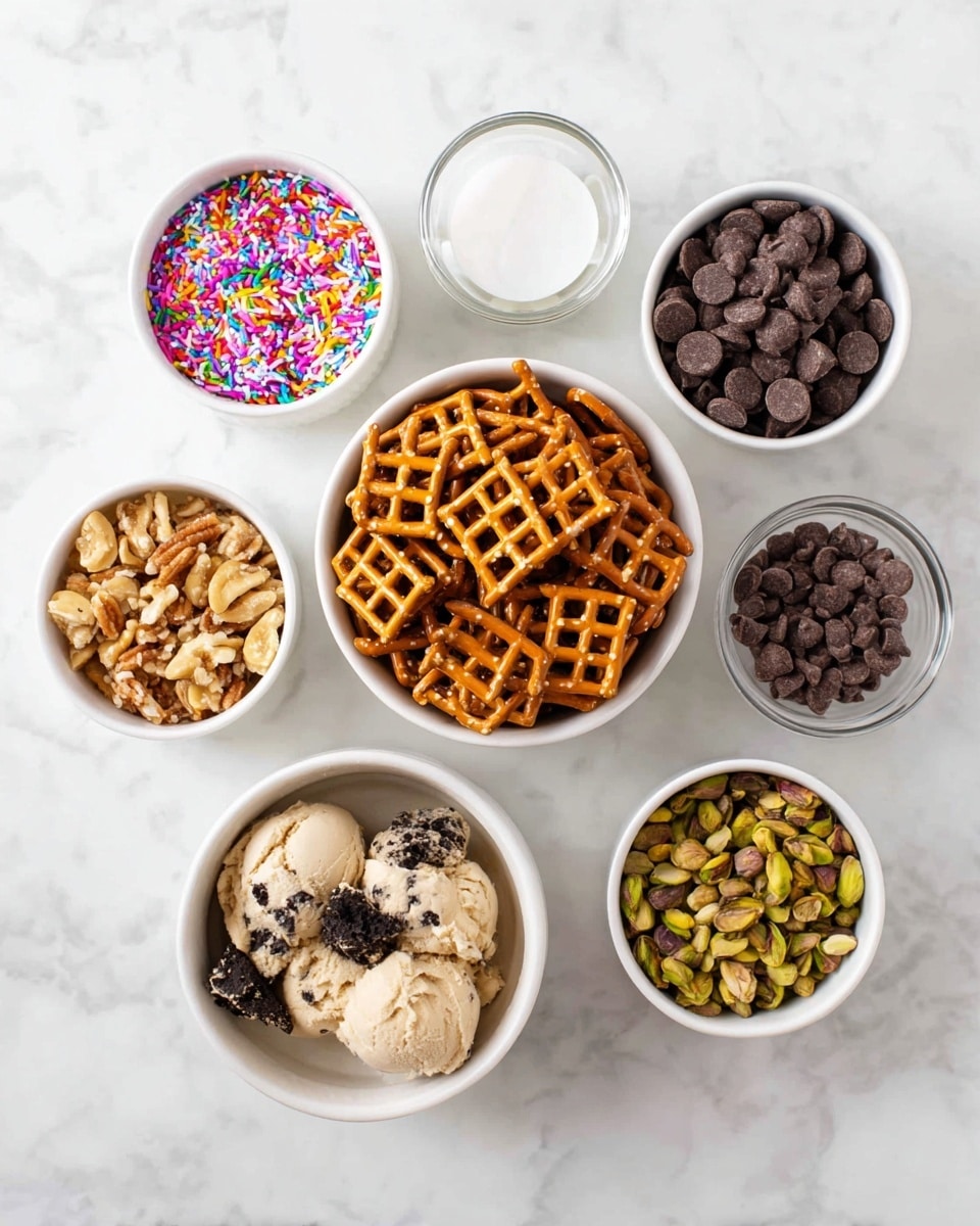 The image shows seven small white bowls arranged on a white marbled surface. In the center is a bowl filled with square pretzel pieces that have a golden-brown color and a grid pattern. Directly below the pretzels is a bowl with light beige ice cream mixed with dark cookie chunks. To the left of the ice cream is a bowl with colorful sprinkles in bright pink, orange, purple, green, and blue. Above the sprinkles is a bowl filled with light brown chopped nuts. To the right of the sprinkles is a bowl of dark brown chocolate sprinkles. Above the chocolate sprinkles is a small bowl with a white solid ingredient. To the left of the white solid ingredient is a bowl filled with semisweet dark chocolate chips. Lastly, to the right and slightly below the chocolate chips is a bowl with chopped green pistachios. Photo taken with an iphone --ar 4:5 --v 7