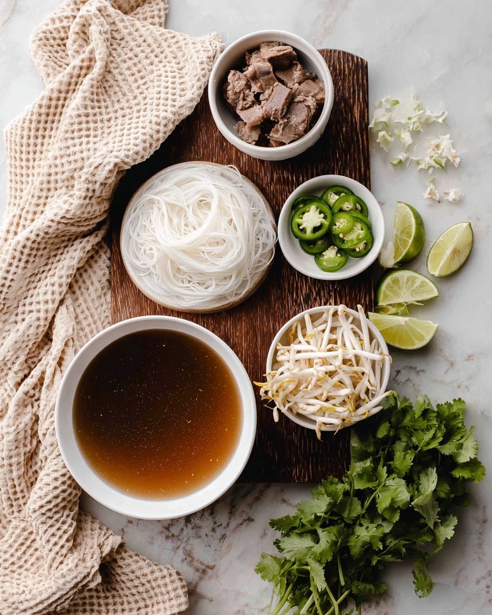 This image shows all the ingredients for a bowl of soup laid out on a white marbled surface. At the center, there is a white bowl filled with clear brown broth, sitting on a dark wooden board. Next to this are three smaller white bowls, one with sliced cooked meat pieces, another with white bean sprouts, and the third with slices of green jalapeño pepper. Thin white rice noodles are placed below the small bowls on the left. On the right side, fresh green cilantro sprigs are arranged, and four lime wedges are placed near the top right of the board. A beige waffle-textured cloth is draped casually on the left side. The photo taken with an iphone --ar 4:5 --v 7
