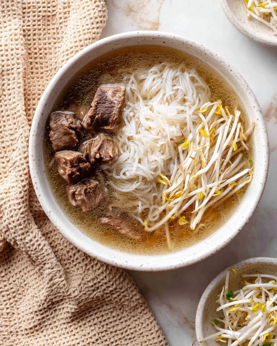 A white bowl filled with a clear, light brown broth as the base layer, containing several pieces of brown, tender-looking meat on one side. In the center, there is a small bundle of white, soft-looking noodles. On top, scattered mainly on the right half, are fresh white bean sprouts with yellow tips, adding a crisp texture and light color contrast. The bowl is placed on a white marbled surface with a beige waffle-textured cloth nearby, and a small white bowl with extra bean sprouts sits off to the bottom right. Photo taken with an iphone --ar 4:5 --v 7