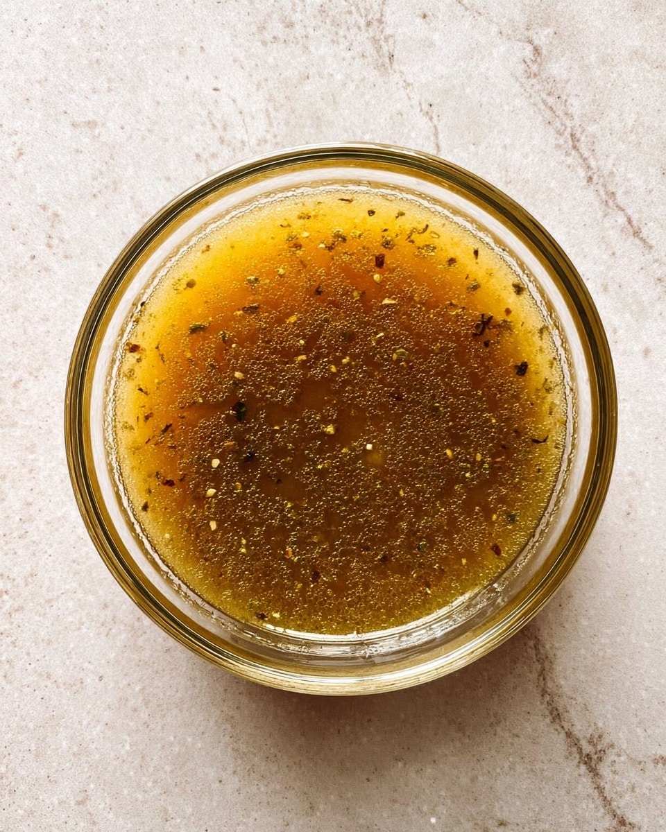 A clear glass bowl filled with a thick golden-brown sauce that has small pieces of herbs and spices spread evenly throughout. The sauce looks smooth with tiny bits giving it a textured appearance. The bowl is placed on a white marbled surface, viewed from above in bright light. photo taken with an iphone --ar 4:5 --v 7