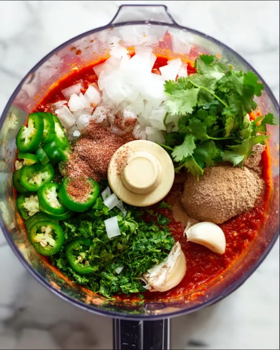 A clear glass jar filled with thick, red salsa with visible small green and white bits mixed inside. The jar is placed on a wooden tray with three bright green limes on the left and a bunch of fresh green cilantro leaves on the right, slightly blurred in the background. Behind the jar, there is a white cloth and some light-colored tortilla chips also softly out of focus. The entire setup rests on a white marbled surface. photo taken with an iphone --ar 4:5 --v 7