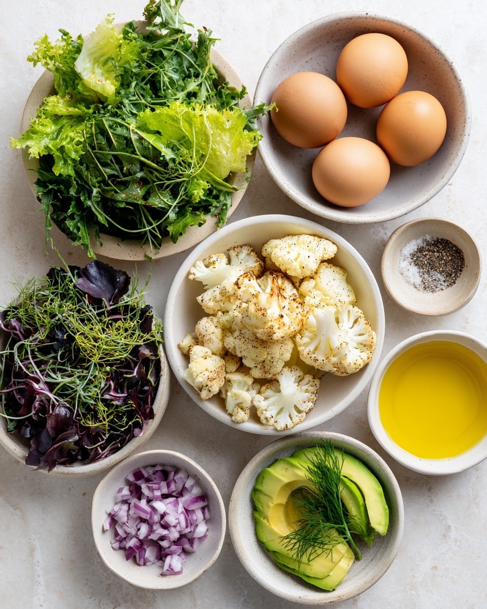 The image shows eight small white bowls arranged on a white marbled surface, each holding different fresh ingredients. Starting from the top left, there is a bowl full of bright green leafy greens with a soft, textured look. To its right, a bowl contains three smooth brown eggs. Below the eggs, a bowl is filled with five evenly sliced pieces of ripe avocado, each having a bright green color and creamy texture. In the center, a white bowl holds several pieces of roasted cauliflower, showing a light brown char on the white florets. To the left of the roasted cauliflower, a bowl contains delicate dark purple and bright green microgreens with thin stems. Moving down, a smaller bowl holds finely chopped red onion with a crisp, vibrant purple color. Beside the onion, there is a small bowl filled with fresh green dill leaves showing a feathery texture. At the bottom right, a bowl has golden-yellow avocado or olive oil shining smoothly. Another small bowl with salt and pepper sits at the bottom left, showing a mix of black and white pepper grains on a white surface. The image is clean, fresh, and neatly organized, with a woman’s hand barely visible at the edge. photo taken with an iphone --ar 4:5 --v 7