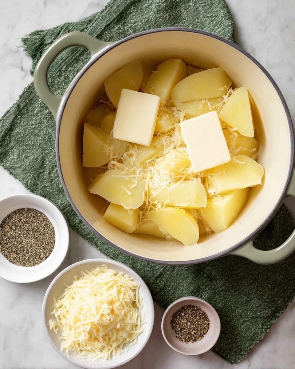 A white pot is filled with large, soft pieces of yellow potatoes topped with a thick slice of pale yellow butter melting on them. Around the pot, there are three small white bowls: one with dark crushed black pepper, one with grated pale yellow cheese, and one with a mound of fine shredded pale cheese. The pot sits on a green cloth with a textured fold on a white marbled surface. photo taken with an iphone --ar 4:5 --v 7