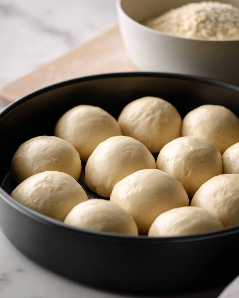 A round black cast iron pan holds 13 shiny, golden brown dinner rolls arranged closely in two layers, with a top layer of rolls surrounded by a second layer forming a ring. The rolls look soft and smooth with a slightly glossy surface. Around the pan, there are small bowls on a white marbled background: one with olive oil with a silver spoon, another with softened butter on a white rimmed plate, a small bowl with green herbs, and a white scalloped bowl filled with coarse salt and a small spoon. A beige linen cloth is partially visible under the pan and on the right side. photo taken with an iphone --ar 4:5 --v 7