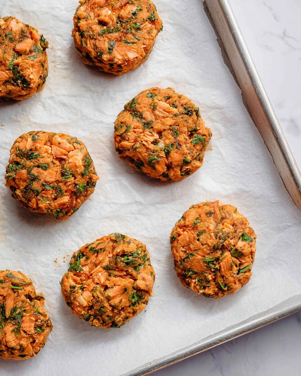 Seven round salmon patties sit spaced apart on a sheet of white parchment paper, which covers a baking tray with a metal rim. Each patty is chunky with visible pieces of orange-pink salmon mixed with bright green herbs and small bits of seasoning, creating a slightly rough texture. The patties are thick, about an inch, and have an uneven, rustic shape. The background is a white marbled surface, giving the image a clean and fresh look. Photo taken with an iphone --ar 4:5 --v 7
