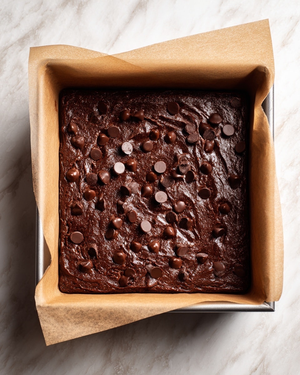 A square metal baking pan lined with light brown parchment paper holds a thick, dark brown chocolate batter mixed with scattered dark chocolate chips. The batter covers the pan evenly with a slightly rough texture and moist appearance. The pan is placed on a white marbled surface. Photo taken with an iphone --ar 4:5 --v 7