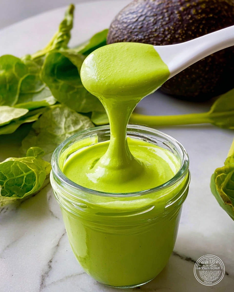A thick, smooth bright green sauce is shown dripping from a white spoon into a clear glass jar filled with more of the same sauce. The jar is placed on a white marbled surface. Behind the jar, there is a whole dark brown avocado with a rough texture and some fresh light green leafy vegetables with visible veins and a crisp texture. The scene looks fresh and vibrant. Photo taken with an iphone --ar 4:5 --v 7