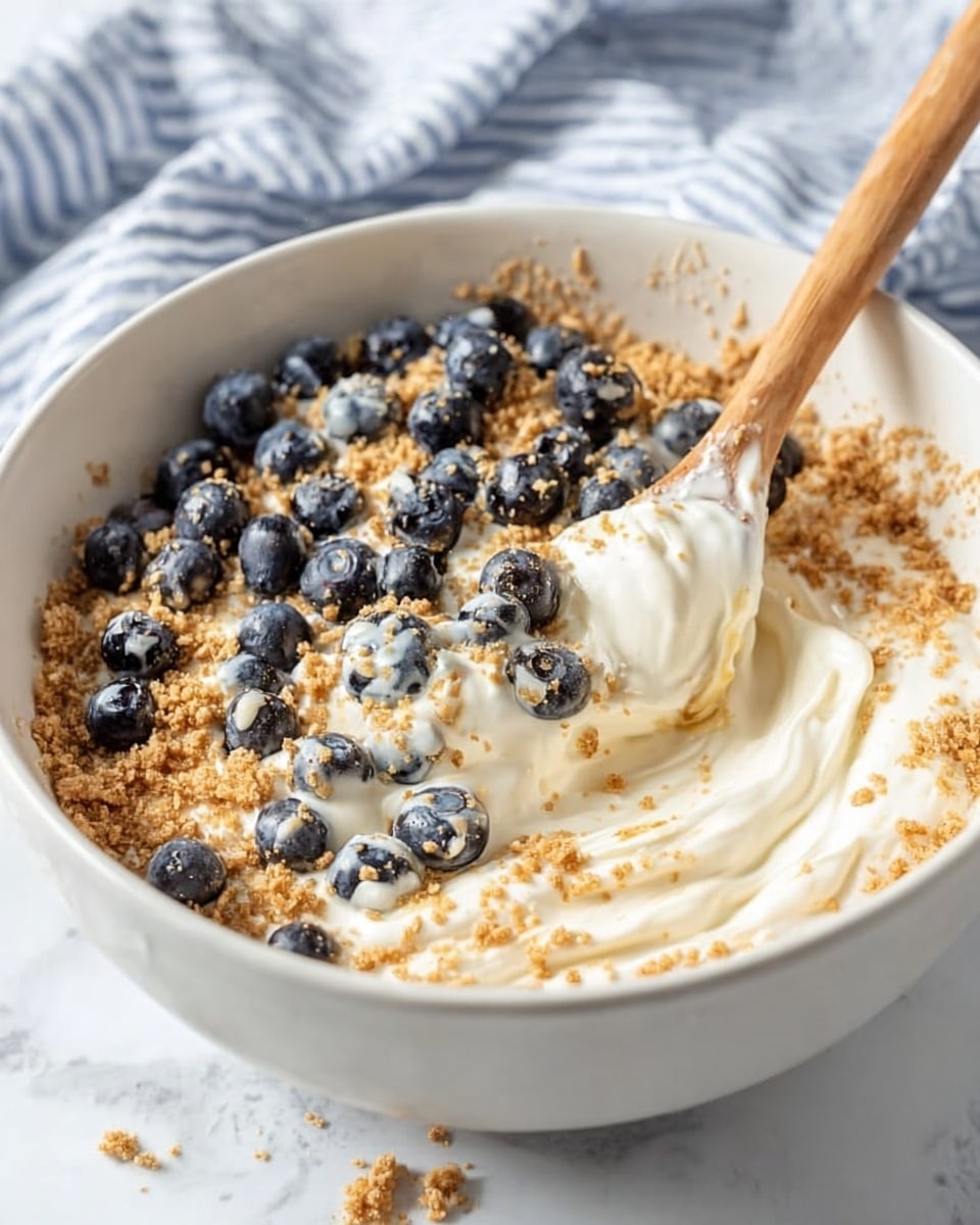 A white bowl sits on a white marbled surface, filled with a mix of crushed brown crumbs along the edges and creamy white yogurt that swirls through the center. Scattered on top are many small, round, dark blue blueberries, some partially covered by the yogurt. A wooden spoon is partly submerged in the bowl, resting against its side with a dollop of yogurt and crumbs on it. The background shows a soft blue and white striped cloth slightly out of focus. Photo taken with an iphone --ar 4:5 --v 7