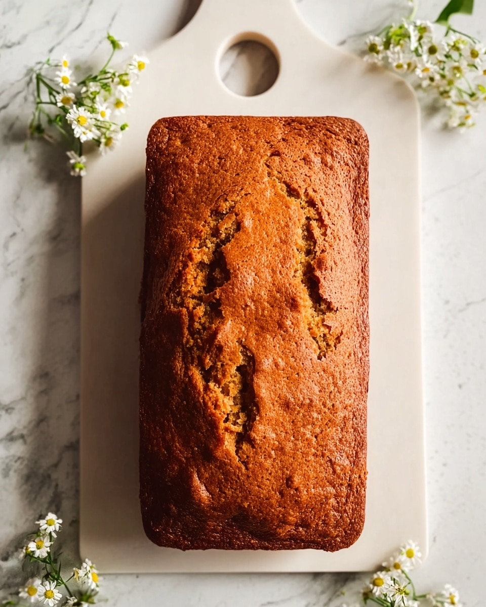 A golden-brown rectangular loaf cake sits whole on a white cutting board with a small round hole at the top center. The cake's top has a cracked, slightly rough texture, showing a denser inside. The white cutting board rests on a white marbled surface, and small white flowers with green stems are placed around the board's corners. The loaf has a warm, baked color with subtle darker spots indicating a well-cooked crust photo taken with an iphone --ar 4:5 --v 7
