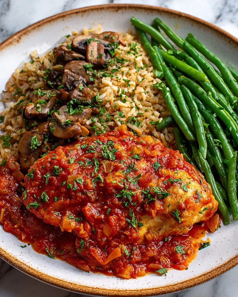The dish is served on a white plate with a lightly browned edge, placed on a white marbled surface. It has three main sections: the bottom half shows a large piece of cooked chicken covered in a thick, chunky red tomato sauce with small bits of vegetables and sprinkled with green parsley. On the top left side, there is a pile of brown rice mixed with sliced cooked mushrooms and finely chopped herbs. On the top right, bright green cooked green beans with a slight shine from oil are arranged neatly side by side. The colors contrast well with the white plate, with the red sauce, brown rice, and green beans all clearly visible. Photo taken with an iphone --ar 4:5 --v 7