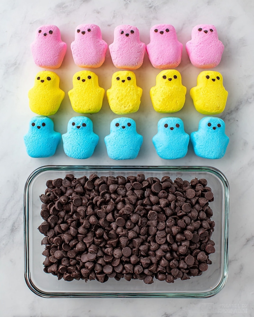 A clear glass rectangular dish filled with many small dark brown chocolate chips is placed on a white marbled surface. Above the dish, there are three rows of marshmallow chicks arranged in sets of five: bright pink chicks on the left, bright yellow chicks in the center, and bright blue chicks on the right. Each chick has a smooth, sugary texture and small-dot eyes and beaks, giving them a cute, soft look. photo taken with an iphone --ar 4:5 --v 7