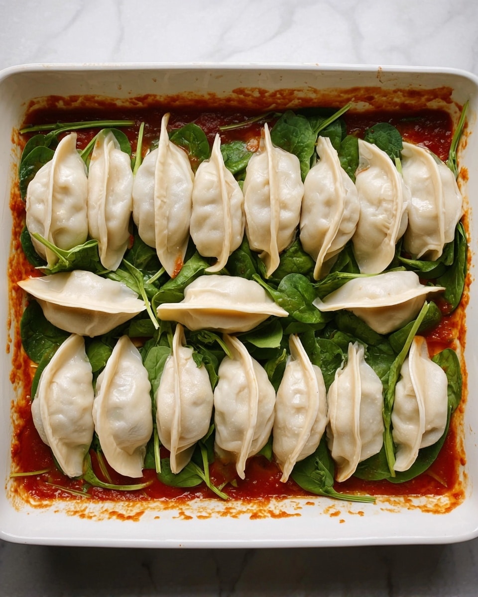The image shows a white rectangular baking dish filled with two rows of white dumplings standing upright on a bed of fresh green spinach leaves. Beneath the spinach and dumplings, there is a layer of red tomato sauce spread evenly on the bottom of the dish. The dumplings have a smooth, slightly crinkled texture on the edges and their dough is pale white. Some tomato sauce can be seen lightly smeared against the sides of the dish. The dish is set on a white marbled surface. Photo taken with an iphone --ar 4:5 --v 7