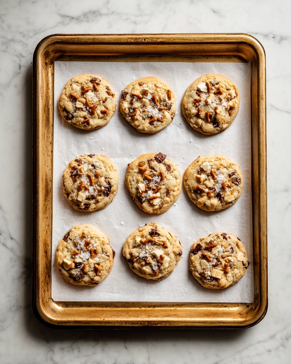 A baking tray with a golden edge holds eight round cookies spaced evenly on a layer of white parchment paper. The cookies are golden brown with a soft texture, filled with scattered dark chocolate chunks and pieces of pretzel, some with light salt crystals on top. The tray sits on a white marbled surface, showing a slightly worn look to the tray. Photo taken with an iphone --ar 4:5 --v 7