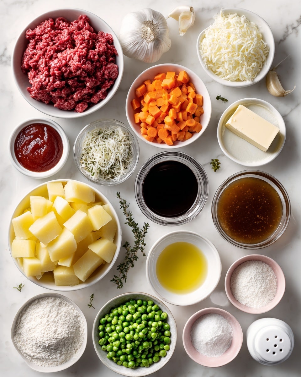 A top view of many white bowls and small plates arranged on a white marbled surface, each filled with different ingredients. In the top left, there is a white bowl with raw ground beef showing a deep red, coarse texture. Next to it is a tiny white bowl with whole garlic cloves, light beige and smooth. Near the center, a white bowl holds bright orange chopped carrots with a slightly rough texture. To the right, a glass bowl contains dark brown beef broth liquid. Below these, a white bowl is filled with yellow cubed potatoes and a small white bowl with dark Worcestershire sauce. Nearby, a white bowl of chopped white onions sits next to a bowl of finely shredded light orange cheese. A small white bowl holds green peas, and two small pink bowls contain white powders identified as baking powder and baking soda. A larger white bowl is filled with white flour, and near it is a small white bowl with a pale yellow stick of butter. Other small bowls contain yellow olive oil, red tomato paste, green thyme leaves, and a small measured container of white buttermilk. Salt and pepper shakers in white are placed among the ingredients. The whole scene is clean and bright, with the ingredients clearly visible and neatly arranged. Photo taken with an iphone --ar 4:5 --v 7