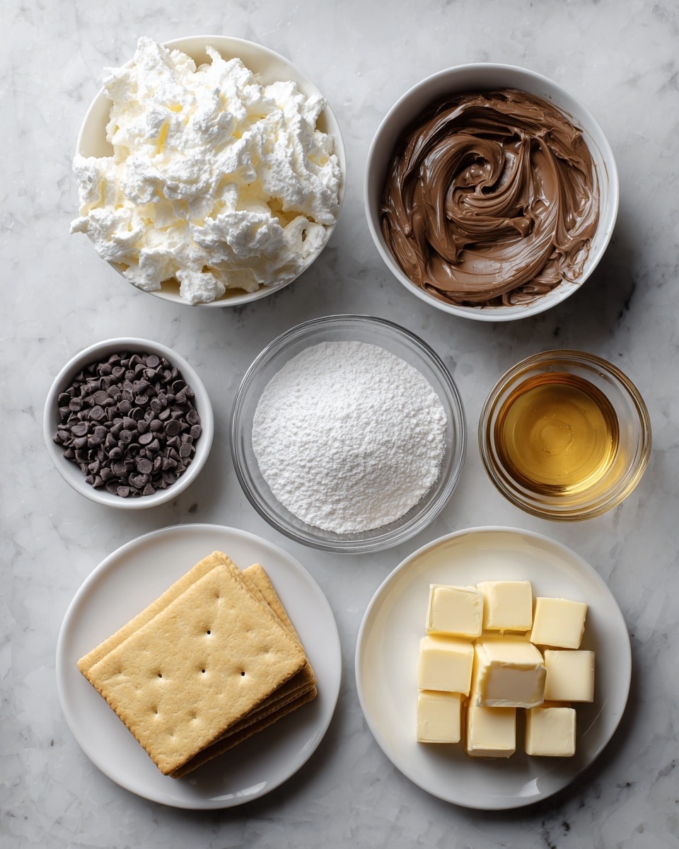 The image shows seven separate white dishes arranged on a white marbled surface, each containing different ingredients. Starting from the top left, there is a bowl filled with a large fluffy mountain of white whipped cream. To its right, another bowl holds a thick, smooth swirl of dark brown chocolate spread. Below the whipped cream, a smaller bowl is filled with small, round, black chocolate chips. In the center is a glass bowl heaped with fine white powdered sugar. To the right of the powdered sugar is a small glass bowl with a clear, golden liquid, possibly honey. Moving down to the bottom right, a white bowl holds several small cubes of pale white butter. Adjacent to this, on a separate white plate, is a solid square block of yellow cheese or butter. At the bottom left, a white plate carries a neat stack of light brown rectangular graham crackers with small perforations on the surface. The scene is well lit, with clear textures visible in each ingredient. photo taken with an iphone --ar 4:5 --v 7