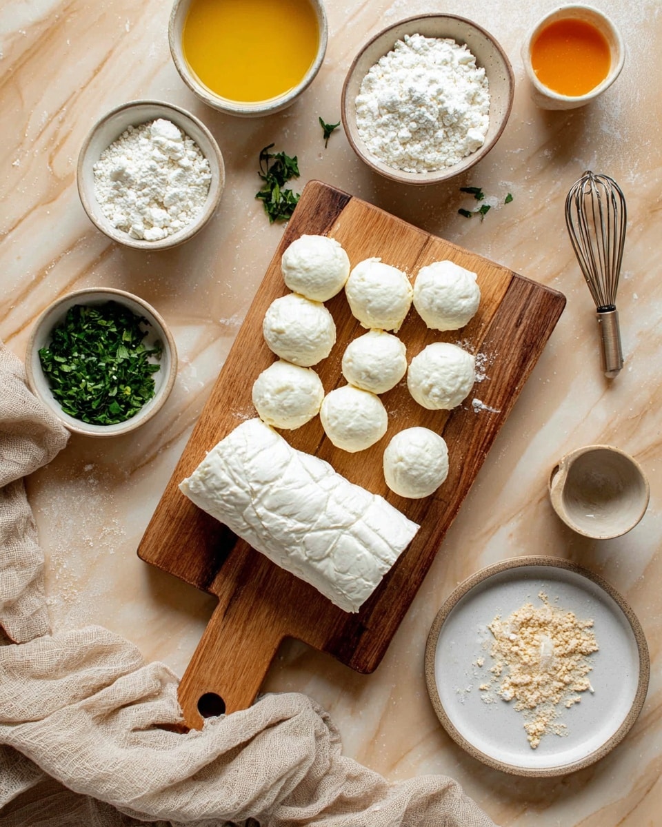 A wooden cutting board with a handle holds a white log of soft cheese and twelve small white cheese balls arranged below it. The cheese has a wrinkled outer texture and smooth surfaces on the balls. Around the board are several white bowls containing flour, a yellow liquid mixture with a whisk, and a small pile of light brown crumbs on a smaller white plate. There is also a small cup with orange liquid and a bowl of chopped green herbs. All items rest on a beige surface with a white marbled texture visible, along with a beige cloth draped near the bowls. Photo taken with an iphone --ar 4:5 --v 7