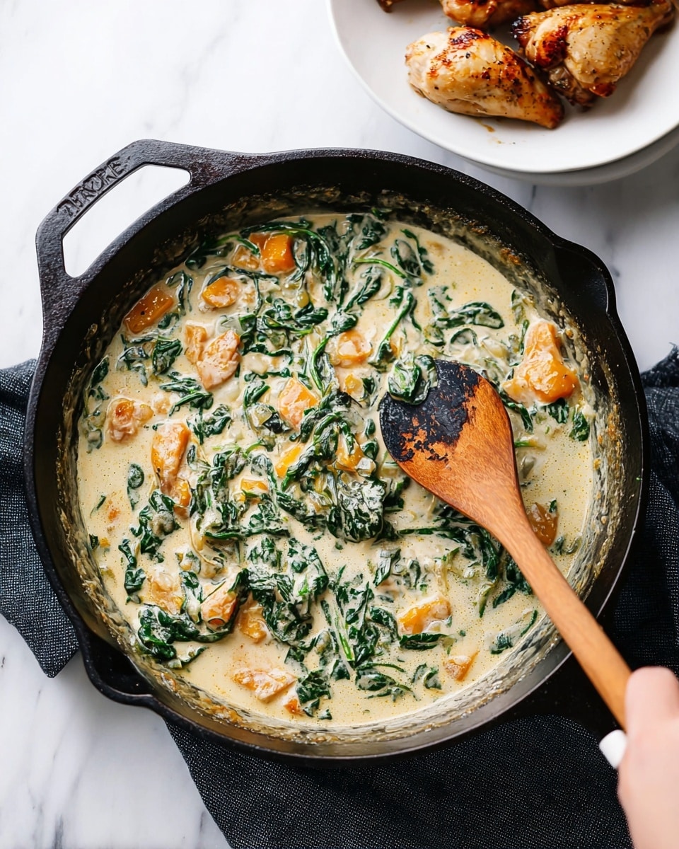 A close-up of a spoon lifting a cooked chicken piece layered with bright orange chunks of roasted butternut squash on top, with melted grated cheese and green herb sprigs as garnish. Below the chicken is a creamy, pale yellow sauce mixed with wilted dark green spinach, visible throughout the black skillet. The chicken is golden brown with a seared texture, and the background shows more chicken pieces and squash sitting in the creamy sauce with herbs scattered around. photo taken with an iphone --ar 4:5 --v 7