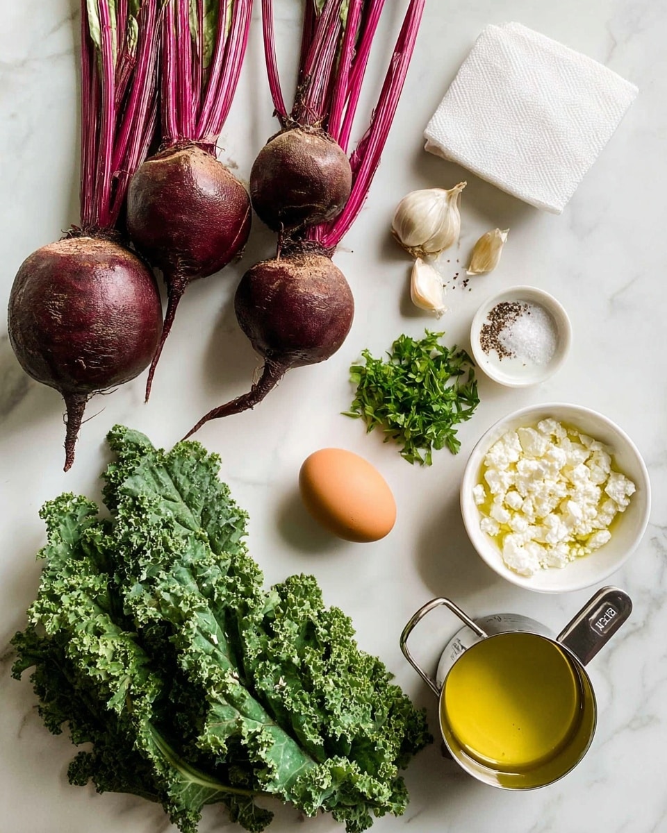 The image shows fresh ingredients laid out neatly on a white marbled surface. There are three large purple beets with deep red stems positioned on the left side. At the bottom, two bunches of dark green, curly kale leaves are placed side by side. Towards the center, there is one brown egg and two cloves of garlic. Around the center are small white dishes: one holds fresh green parsley leaves, another contains light yellow olive oil, and a metal measuring cup is filled with crumbled white cheese. A small white bowl with salt and pepper is also visible, along with a roll of white paper towel positioned near the top. Photo taken with an iphone --ar 4:5 --v 7