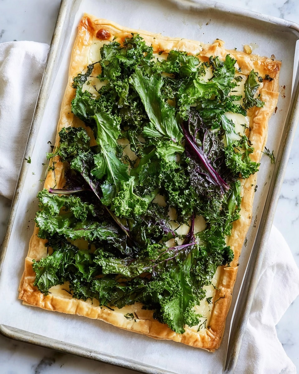 A square flat pastry crust with a golden-brown edge and a light tan center, laid flat on white baking paper over a metal tray; on top of the pastry, there is a thick layer of fresh dark green leafy vegetables, including curly kale and green chard with hints of purple veins, spread evenly across the surface but not covering the edges; the overall look is fresh and vibrant with a mix of smooth and curly textures; the background shows a white marbled surface with a white cloth loosely placed on the side; photo taken with an iphone --ar 4:5 --v 7