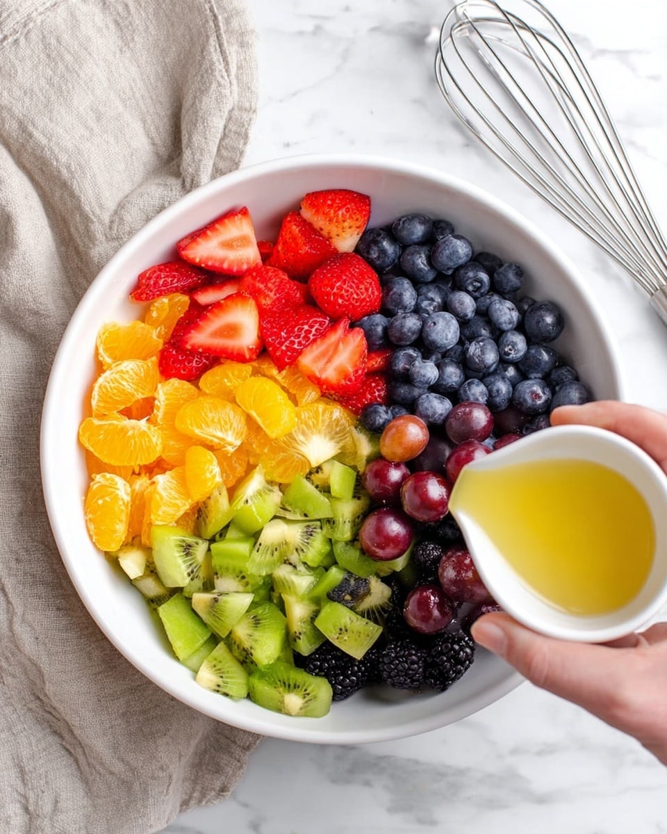 A white bowl sits on a white marbled surface filled with six neat sections of chopped fruit: bright red strawberries at the bottom left, deep blue blueberries below them, green kiwi pieces to the right, orange tangerine segments above the kiwi, red and purple grapes at the top right, and blackberries next to the grapes. A woman's hand is pouring light yellow juice from a small white cup onto the fruit. A light gray cloth is partially visible to the left and a metallic whisk lies on the right side of the surface. Photo taken with an iphone --ar 4:5 --v 7