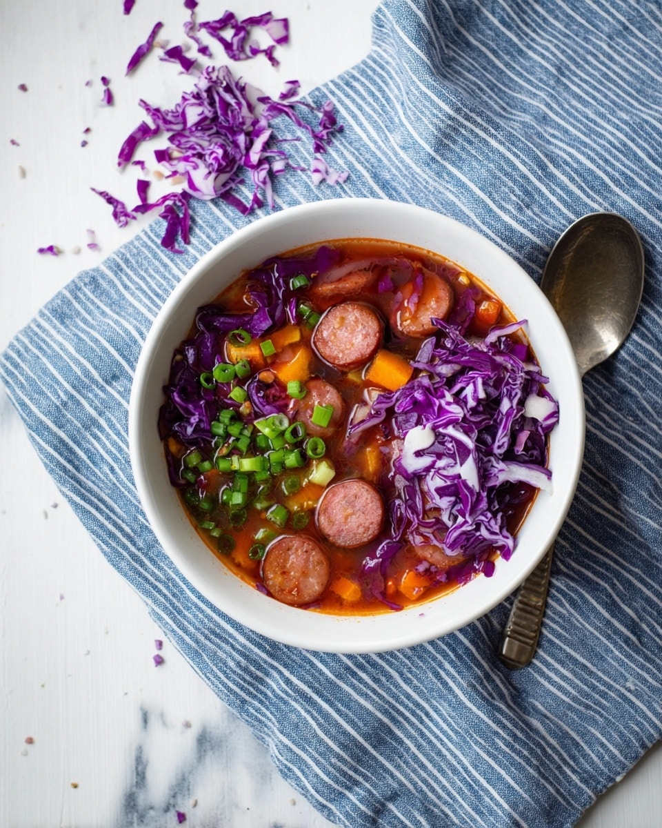 A white bowl is filled with a stew that has round slices of sausage, small orange carrot pieces, and shredded purple cabbage mixed in a reddish broth. On one side inside the bowl, there are extra thinly shredded raw purple cabbage and two types of chopped green onions, one white and one dark green. The bowl sits on a blue and white striped cloth on a white marbled surface. Scattered shredded purple cabbage pieces are on the surface above the bowl, and a metal spoon with a textured handle lies to the right of the bowl. Photo taken with an iphone --ar 4:5 --v 7