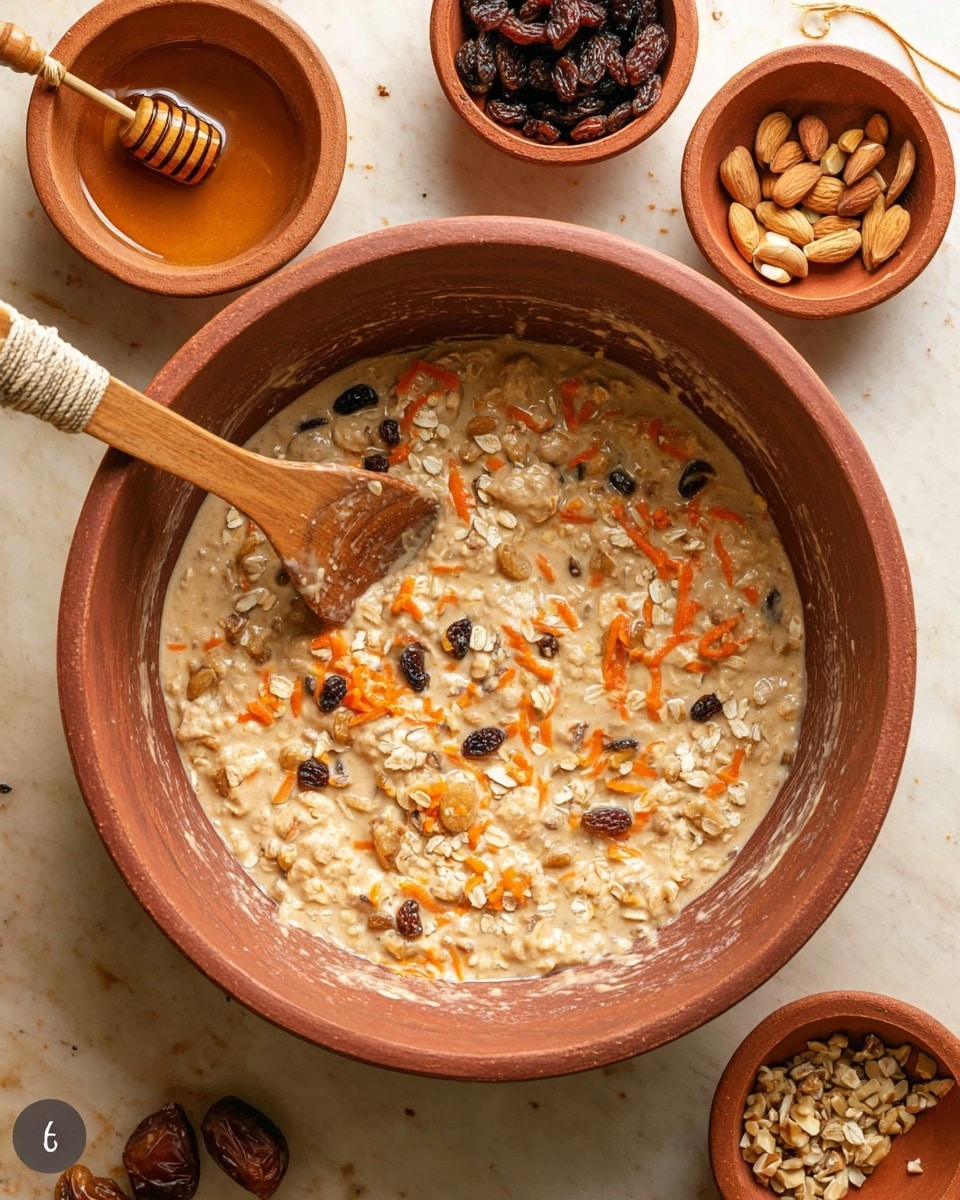 The image shows a large brown mixing bowl filled with a creamy batter containing visible orange carrot shreds, light beige rolled oats, dark raisins, and small nut pieces. A wooden spoon with a wrapped handle is partially submerged in the mixture. Around the bowl, there are small brown ceramic bowls holding raisins, honey with a honey dipper, and chopped nuts. The bowls sit on a white marbled surface. photo taken with an iphone --ar 4:5 --v 7