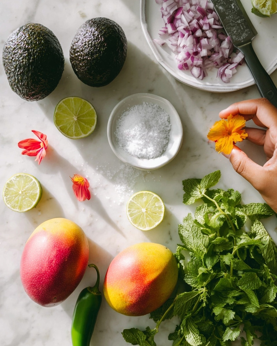 The image shows a white marbled surface with fresh ingredients arranged in a loose pattern. There are two dark green avocados on the left side near a small white bowl filled with coarse salt. Above them, a white plate holds finely chopped red onion and five lime wedges arranged in a small cluster next to a silver knife with some onion pieces on it. On the lower right side, two ripe mangos with red and yellow skin rest next to bright green mint and cilantro leaves. A whole green jalapeño pepper lies near the mangos. A woman's hand is reaching toward the mangoes while gently holding a small orange flower petal. A few loose red flower petals are scattered around the bottom left corner. The scene is well lit with natural light, creating soft shadows and a fresh look. photo taken with an iphone --ar 4:5 --v 7