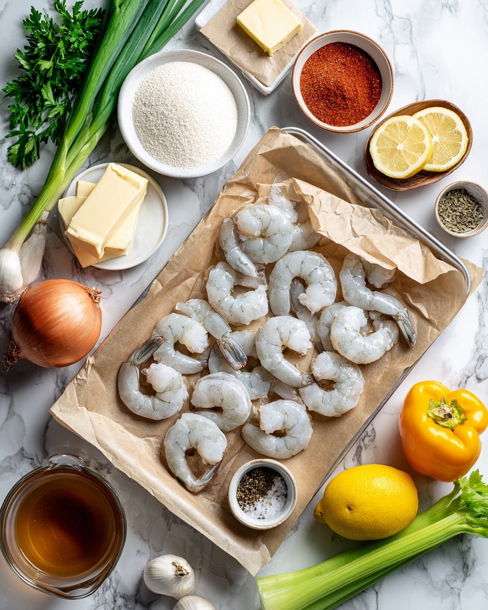 The image shows fresh raw shrimp arranged in a single layer on a silver baking tray lined with light brown parchment paper, surrounded by fresh vegetables and cooking ingredients on a white marbled surface. At the top left, there are long green onions and parsley with rich green leaves. Next to them, a white bowl holds fine white stone ground grits, while a small white bowl contains a reddish-brown Cajun seasoning. A golden stick of butter wrapped in foil sits near two round yellow onions. To the left, a block of creamy white heavy cream and a bright yellow lemon sit near a bulb of garlic and a small white bowl filled with black pepper. At the bottom left, a clear measuring cup of amber chicken stock is visible. On the right, bright green celery stalks rest beside slices of pale yellow smoked Gouda cheese wrapped partially in brown paper. Two bell peppers, one green and one red, sit close by. A small wooden bowl of coarse kosher salt is next to the onions. The ingredients are spread out neatly with clear labels, and the surface beneath is a clean white marble texture photo taken with an iphone --ar 4:5 --v 7
