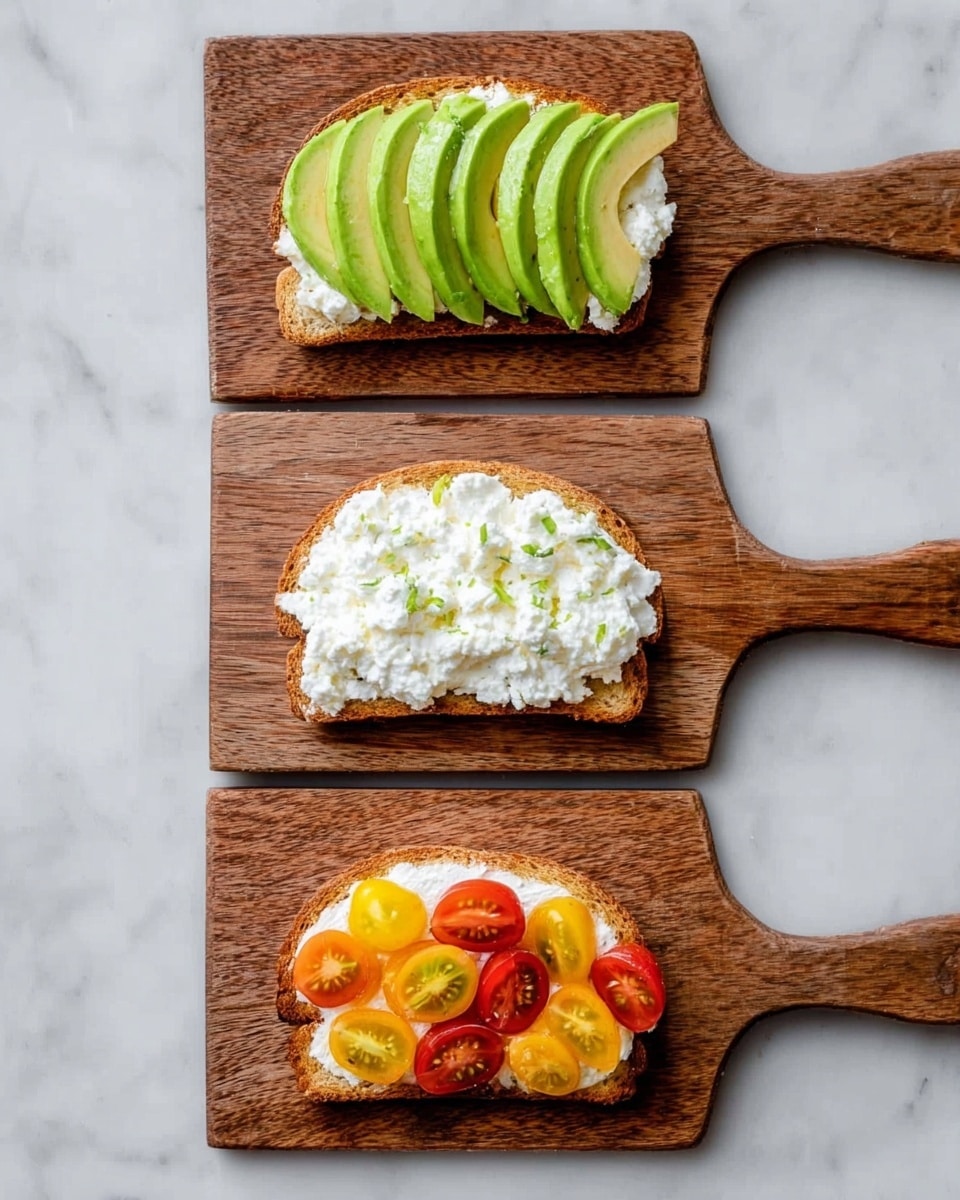 The image shows three stages of an open sandwich on a wooden board over a white marbled texture. The first stage has a single piece of toasted bread topped with five thin avocado slices, light green in color with smooth texture, arranged neatly to cover the bread. The second stage adds a thick spread of white cottage cheese on top of the avocado layer, covering it fully with a slightly lumpy texture. The third stage adds halved cherry tomatoes in red, orange, and yellow colors, placed on top of the cottage cheese layer, evenly spread to cover the surface. photo taken with an iphone --ar 4:5 --v 7