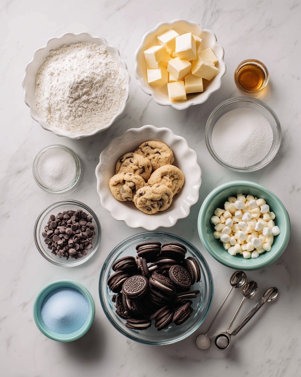 A group of bowls and small containers arranged on a white marbled surface, each filled with different baking ingredients. The largest bowl at the top left holds white flour, with a smaller clear glass bowl beside it filled with chunks of pale yellow butter. A white scalloped bowl contains mini cookies with a light brown color and some with chocolate chips. A medium clear bowl holds pure white sugar, while a smaller white scalloped bowl nearby is filled with light brown sugar. A green bowl below contains dark chocolate chips, and a white bowl next to it holds white chocolate chips. At the bottom center, a clear bowl is filled with whole Oreo cookies showing their black and white layers. There is a small white bowl with white baking powder, a brown egg, a tiny jar of blue food coloring, and two measuring spoons, one containing vanilla extract and the other with salt. The items are neatly placed with clear visibility of each ingredient. Photo taken with an iphone --ar 4:5 --v 7