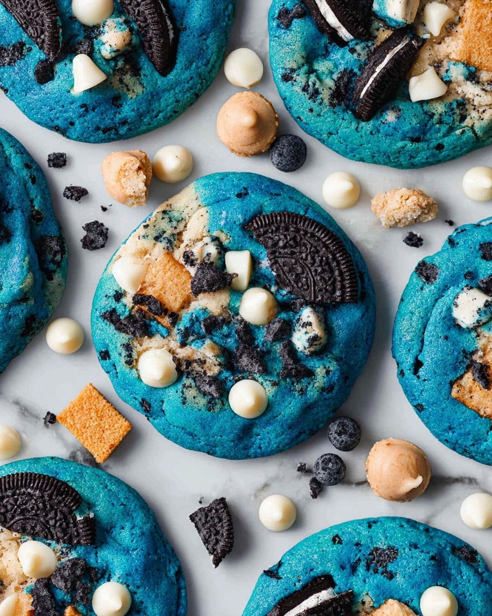 The image shows several bright blue cookies with a rough, slightly cracked texture arranged on a white marbled surface. Each cookie has embedded layers including broken black and white sandwich cookies, light brown mini cookie dough chunks, and white chocolate chips scattered on top. Around the cookies, more white chocolate chips, mini dark chocolate chips, broken sandwich cookie pieces, and cookie dough pieces are spread on the surface, adding detail and color contrast. The cookies look soft and thick with a colorful, playful appearance. photo taken with an iphone --ar 4:5 --v 7