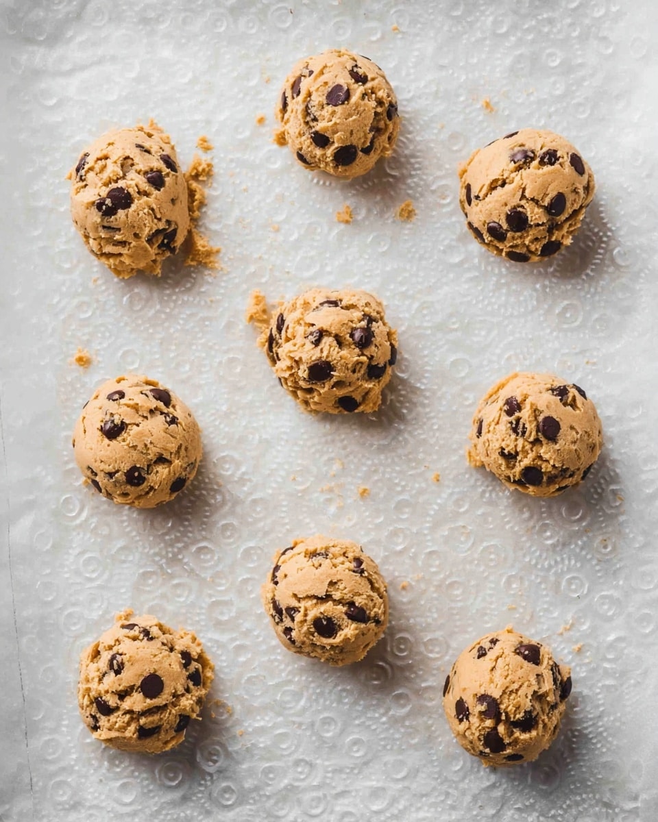 Nine round scoops of light brown cookie dough with dark chocolate chips are spaced evenly on a sheet of white parchment paper with small circular patterns, all placed over a white marbled surface. Each scoop has a slightly rough and chunky texture with visible chocolate chips embedded on top and sides. Small crumbs of dough are scattered around the scoops. The photo is taken from above with an iphone --ar 4:5 --v 7