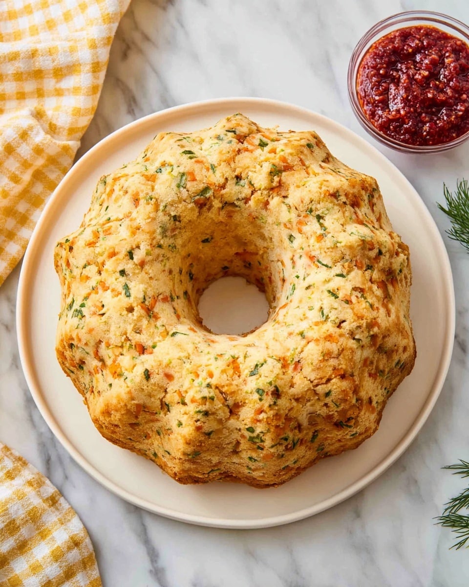 A round, bundt-shaped savory cake sits in the center of a white plate on a white marbled surface. The cake is light brown with specks of green herbs and small chunks of orange throughout, giving it a textured and rustic look. The edges are slightly rough and uneven, showing the mixed ingredients inside. Nearby, a small glass bowl holds a bright red chunky sauce or relish, adding a pop of color to the scene. A yellow and white checked cloth is partially visible, draped casually at the corner. Photo taken with an iphone --ar 4:5 --v 7