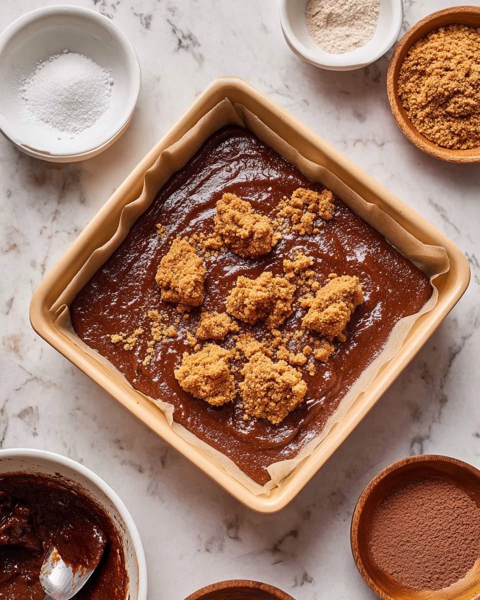 The image shows a square beige baking dish lined with parchment paper, filled with a thick, smooth, dark brown batter that has a glossy texture. On top of the batter, there are uneven chunks of a lighter brown crumbly topping scattered irregularly across the surface. Around the dish, there are several white bowls and a small wooden bowl arranged on a white marbled surface; one white bowl contains a powdery white substance, another holds a dark brown powder, and a white bowl near the bottom left corner shows some dark brown batter with a spoon in it. The overall setup looks like a work in progress for a dessert being prepared. photo taken with an iphone --ar 4:5 --v 7
