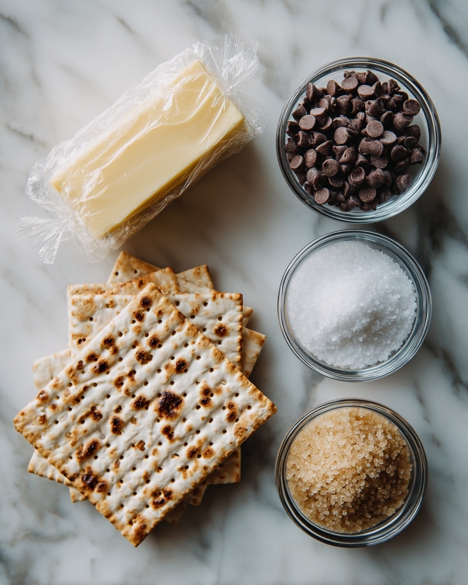 The image shows ingredients neatly arranged on a white marbled surface. There is a stack of three matzo crackers with a light tan color and dark browned spots on the left side of the image. Above the matzo is a stick of pale yellow butter, still in its paper wrapper. To the right, there are three small clear glass bowls: the top bowl is filled with many mini dark brown chocolate chips, the middle bowl contains white finishing salt like fleur de sel, and the bottom bowl holds light brown sugar with a coarse texture. Each ingredient is labeled with black text above or next to it. photo taken with an iphone --ar 4:5 --v 7