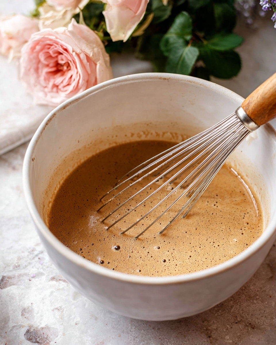 A close-up of a white bowl filled with a light brown, frothy liquid. The liquid has small bubbles on its surface, showing a smooth and airy texture. Inside the bowl, a metal whisk with a wooden handle stands mixing the liquid. In the background, soft pink roses and green leaves add a gentle touch of color and softness. The bowl sits on a white marbled textured surface. photo taken with an iphone --ar 4:5 --v 7