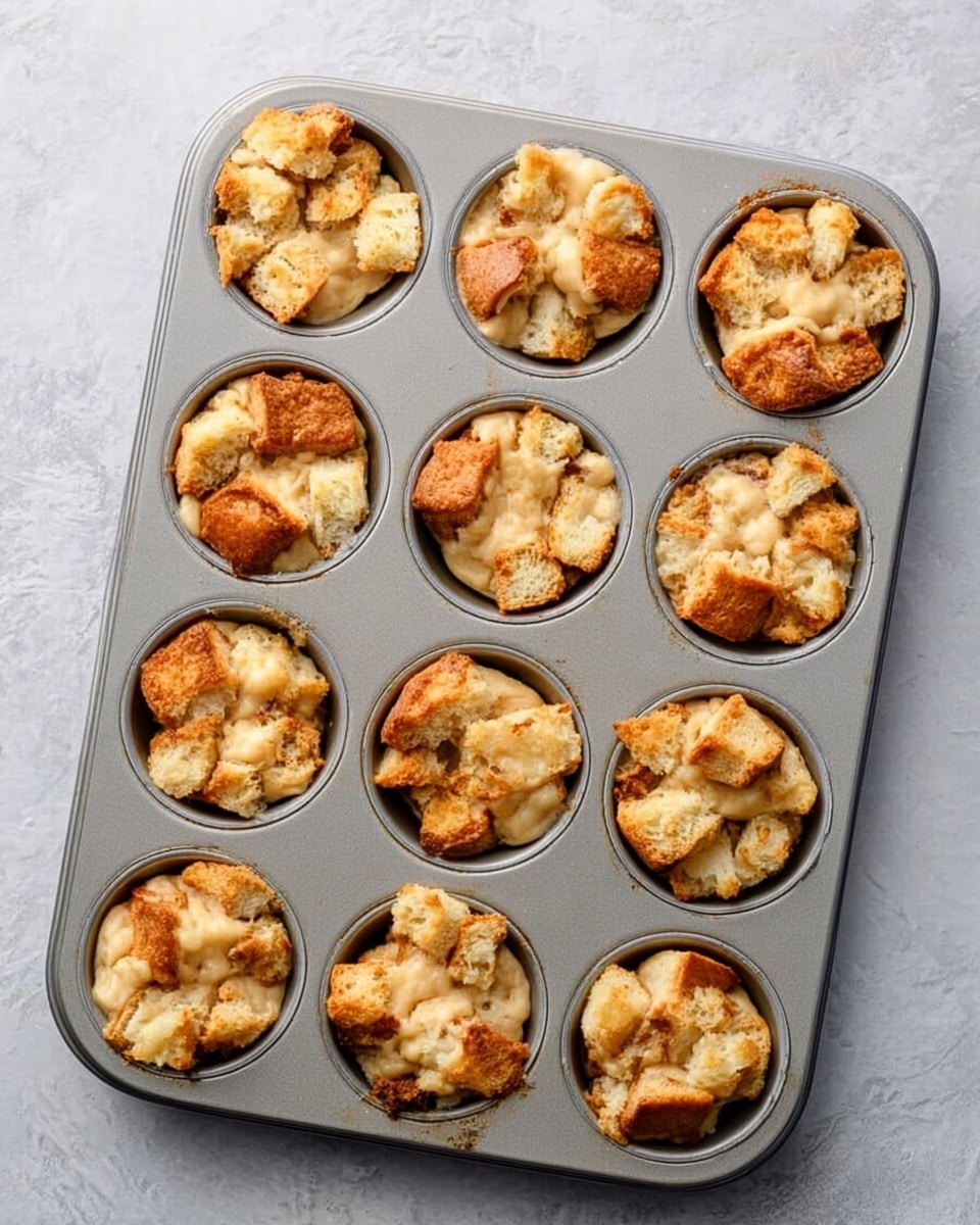 A metal muffin tray holds twelve individual bread pudding muffins, each filled with uneven chunks of light golden brown bread mixed with a creamy beige batter that has puffed up and slightly browned on top. The muffins have a soft and moist texture with some crispy edges. The tray rests on a white marbled surface, creating a clean and bright background. photo taken with an iphone --ar 4:5 --v 7