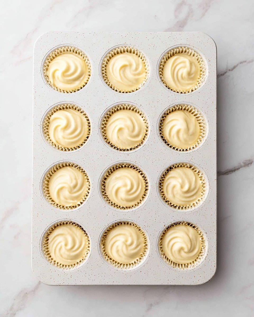 A white speckled muffin tray holds twelve cupcake liners filled with pale yellow batter, each liner showing smooth swirls on the surface of the batter. The tray sits on a white marbled surface, highlighting the soft swirling texture of the batter inside each liner, which is evenly distributed and just about to be baked photo taken with an iphone --ar 4:5 --v 7