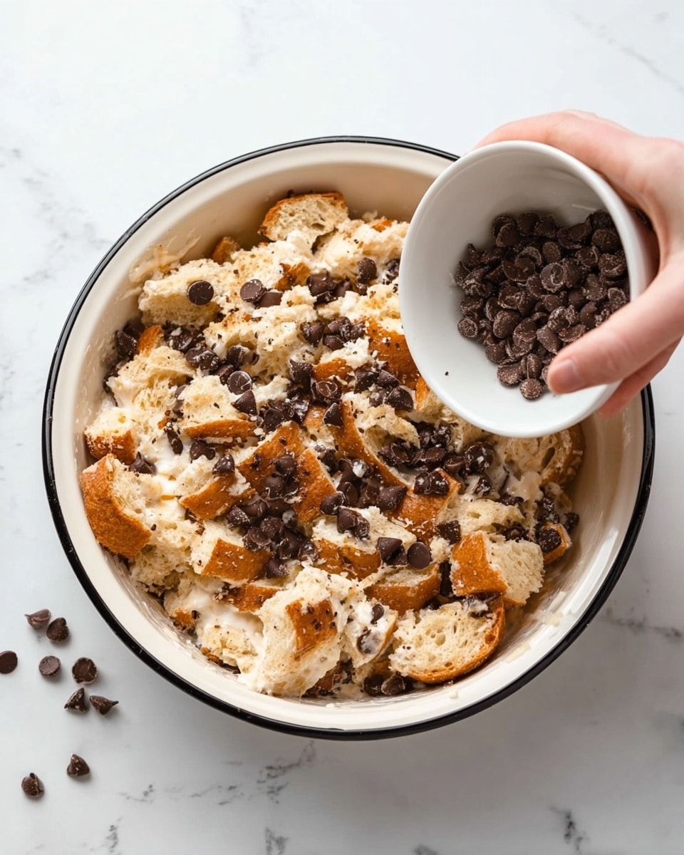 The image shows a white bowl with black edges filled with torn pieces of light brown bread soaked in a creamy mixture. On top, there are scattered dark brown chocolate chips spread evenly. A woman's hand is holding a small white bowl tilted toward the larger bowl, pouring additional chocolate chips onto the bread mixture. The whole setup is placed on a white marbled surface. photo taken with an iphone --ar 4:5 --v 7