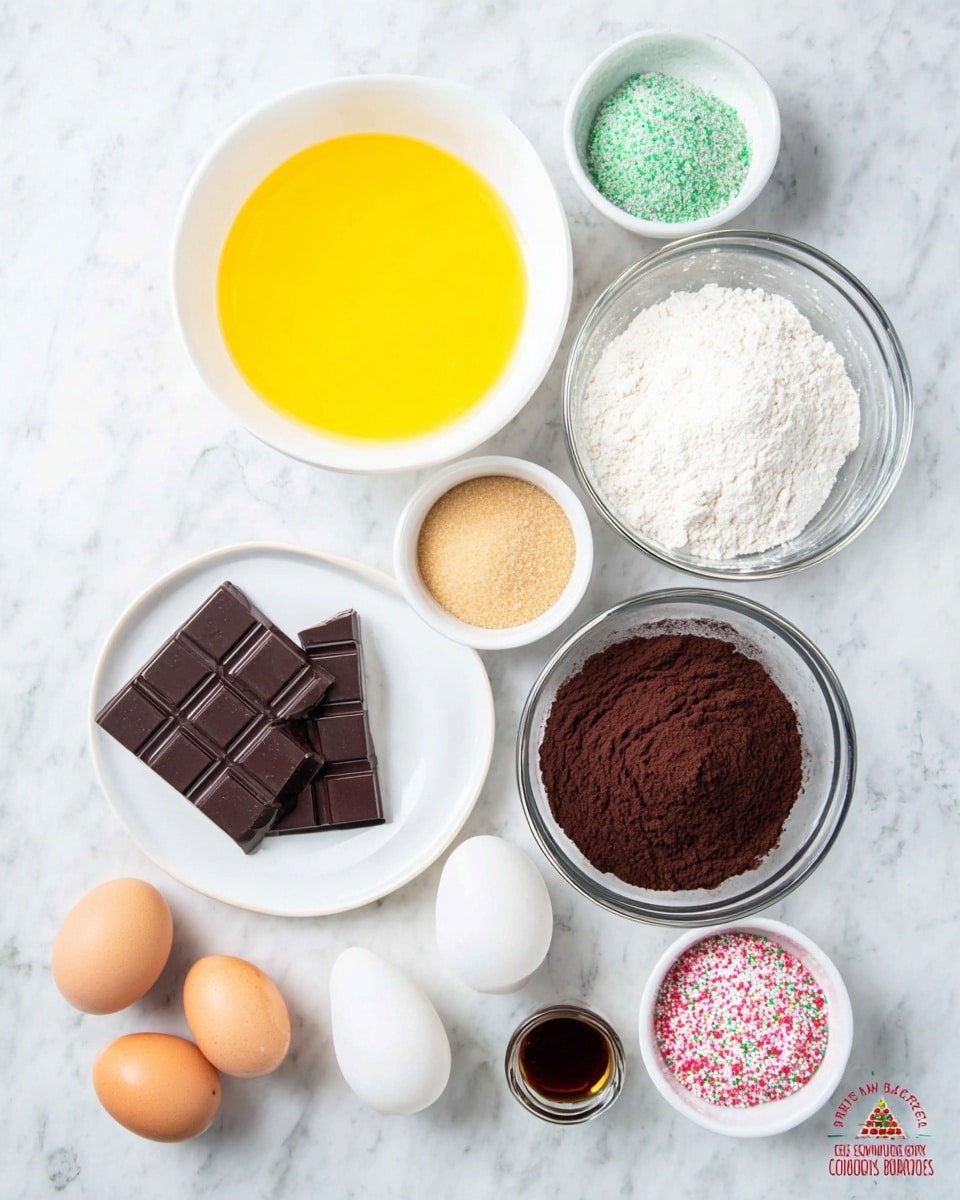 The image shows several white bowls and one clear bowl arranged on a white marbled surface. Top left has a white bowl filled with bright yellow melted butter. Next to it on the right is a white bowl with white flour. Below the flour is a clear bowl filled with dark brown cocoa powder. To the left of the cocoa powder is a small white bowl filled with light brown sugar, while to its left is a white plate holding several dark chocolate bars. Below the sugar is a white bowl filled with white granulated sugar. Near the bottom left are two light brown eggs. Below these eggs is a small clear bowl with a dark liquid, likely vanilla extract. Next to it on the right is a small white bowl filled with pink and green Christmas tree shaped sprinkles. The items are neatly spaced with soft natural light shining from above. Photo taken with an iphone --ar 4:5 --v 7