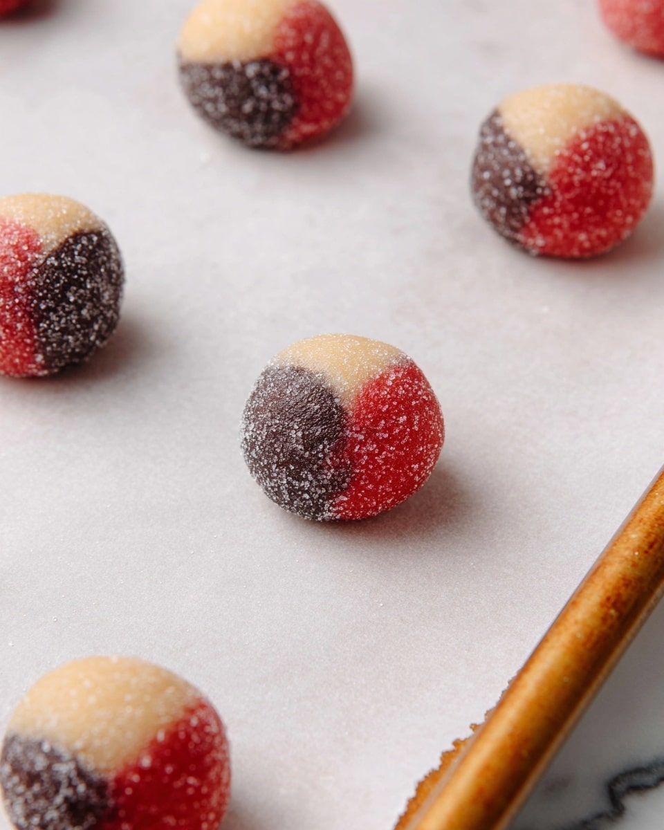 The image shows small round cookie dough balls placed on white parchment paper over a baking tray. Each dough ball has three visible color layers: a dark brown chocolate layer, a light beige dough layer, and a bright red dough layer. The dough balls have a dusting of white granulated sugar on their surface, giving them a slightly rough texture. They are spaced evenly apart on the parchment paper, and the edges of the baking tray can be seen, with the tray having a warm golden-brown tone. The background surface is a white marbled texture photo taken with an iphone --ar 4:5 --v 7