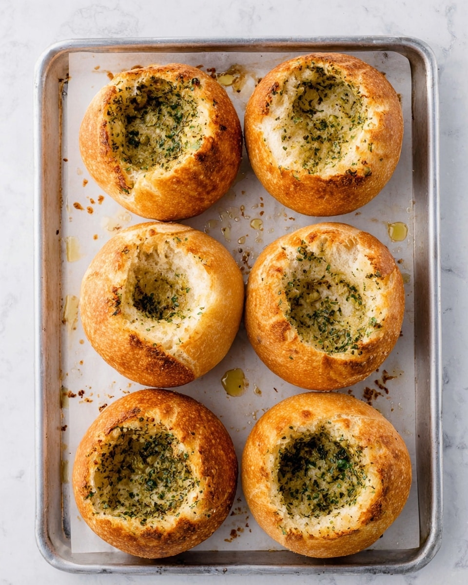 The image shows six round bread bowls arranged in two rows of three on a metal baking tray lined with white parchment paper, all placed on a white marbled surface. Each bread bowl is hollowed out in the center, revealing a rough, textured inner layer that is coated with a green herb and garlic mixture, giving a mix of light golden and green specks inside. The outer crust of the bread is golden brown with a slightly crispy texture. There are small droplets of oil and scattered herbs around the bread on the parchment paper. The photo taken with an iphone --ar 4:5 --v 7