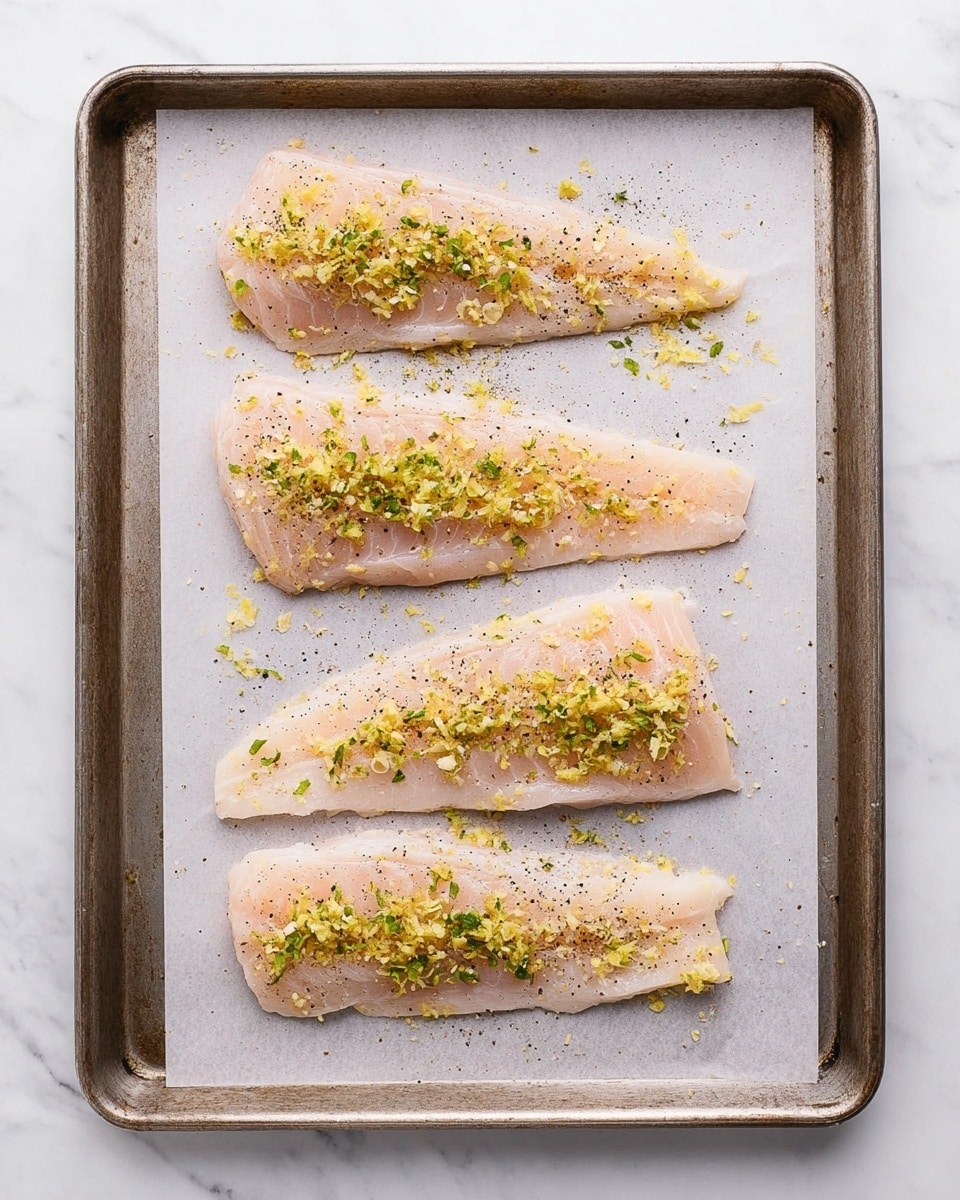 Four raw fish fillets lie flat on a parchment-lined metal baking sheet. Each fillet has a light pink to white color and is topped with small bits of finely chopped green herbs, grated yellow lemon zest, and small pieces of garlic. There is a sprinkle of black pepper spread evenly over the fillets. The metal tray sits on a white marbled surface. photo taken with an iphone --ar 4:5 --v 7