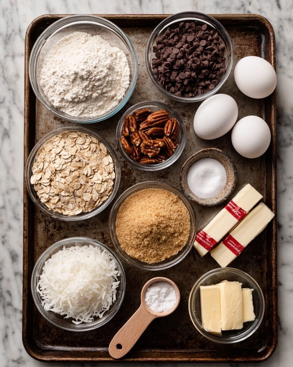 A old metal tray on a white marbled surface holding several clear glass bowls with different baking ingredients. Starting from the top left, one bowl is filled with white flour, next to it a bowl with dark brown chocolate chips, and to the right a bowl with chopped pecans. Below the chocolate chips is a tiny bowl with a white powder, likely baking soda, and to its right a small bowl of salt. Below the pecans is a bowl full of light brown sugar, next to it a bowl with shredded white coconut. On the bottom left side of the tray is a bowl of rolled oats, next to a small bowl with another white powder, possibly baking powder. In the middle bottom of the tray is a wooden handled measuring cup filled with white sugar. On the white marbled surface to the right of the tray are three white eggs and two sticks of butter with red and white paper wrapping. Photo taken with an iphone --ar 4:5 --v 7